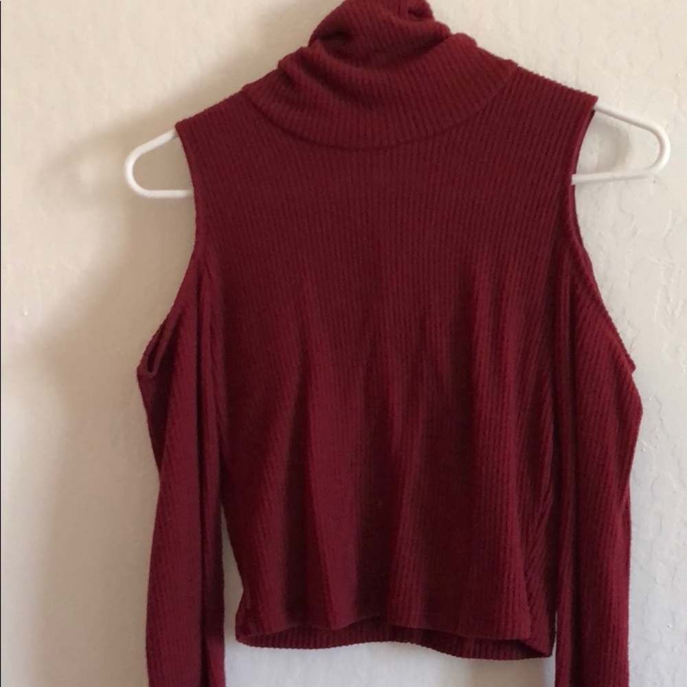 Burgundy cold shoulder turtleneck